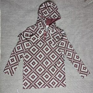Arizona Jean Co Mens Geometric Henley Hoodie Burgundy Grey Southwestern Print M